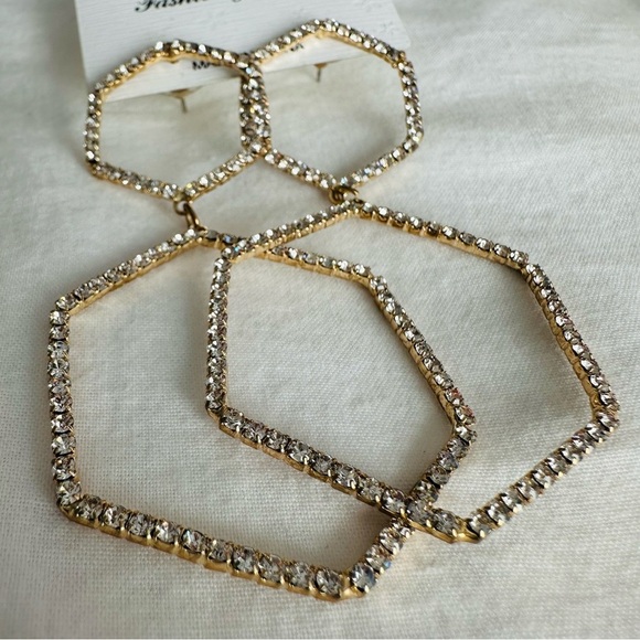 Pave Crystal Geometric Drop Earrings Gold Tone - Picture 6 of 13